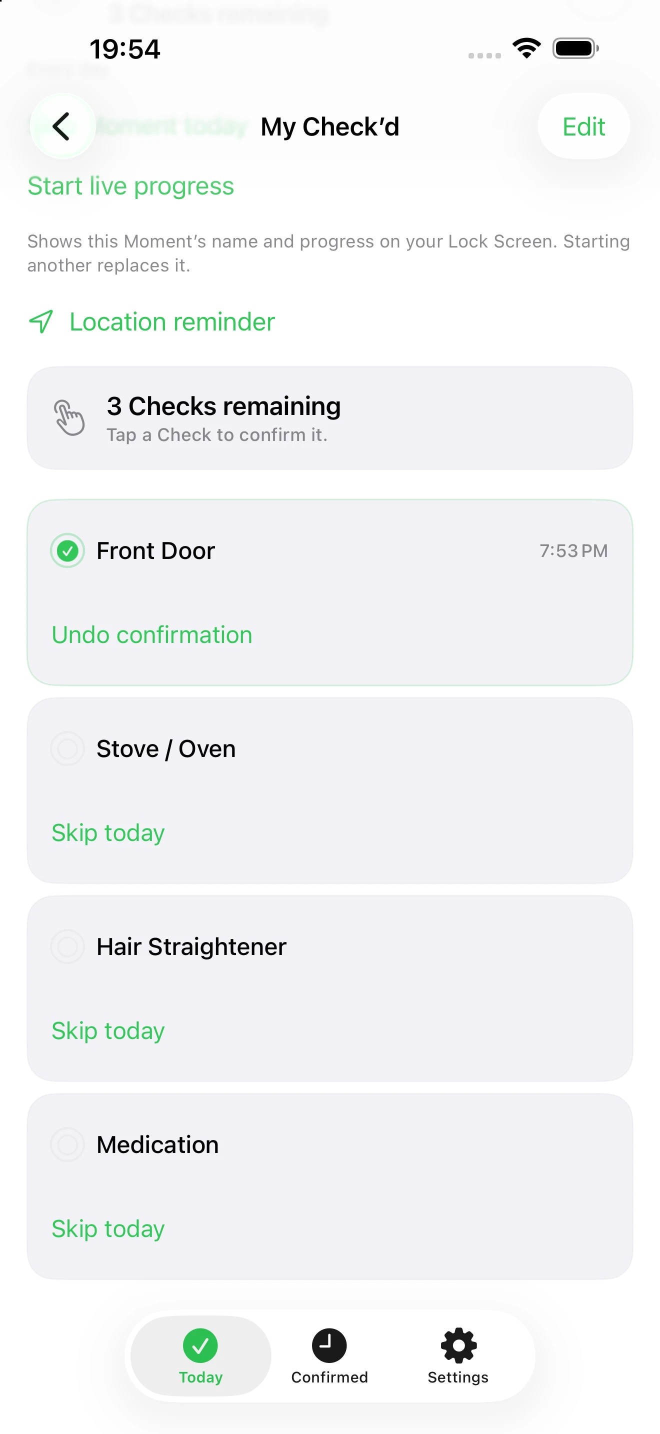 Check’d Front Door confirmation with a time