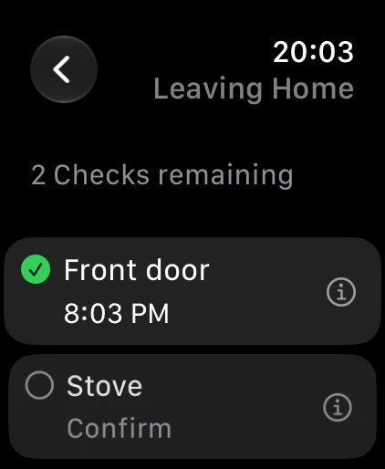 Apple Watch Check’d detail screen with a confirmed front door and a stove Check